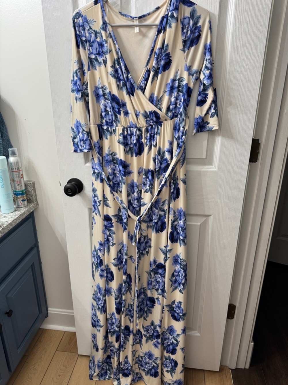 Pinkblush Cream Maxi Dress with Blue Floral Print